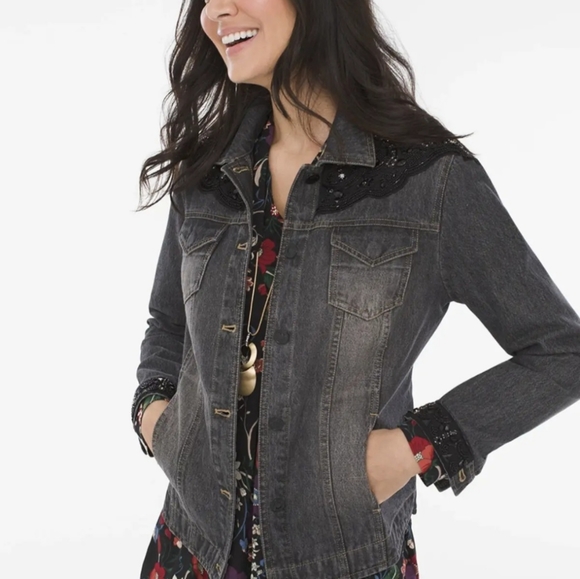 Chicos Gray Black Beaded Embellished Trim Jean Denim Jacket Size 1 P (Med) - Picture 3 of 7